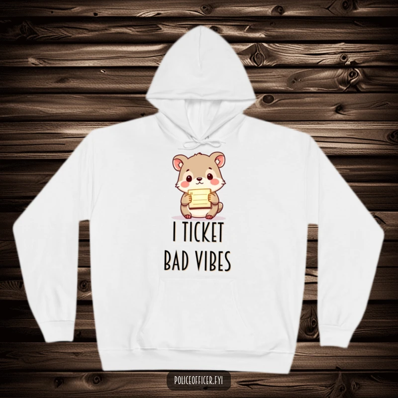 Funny hoodie featuring a small animal looking purposeful while holding a glowing citation pad, combining comfort with humorous authority.