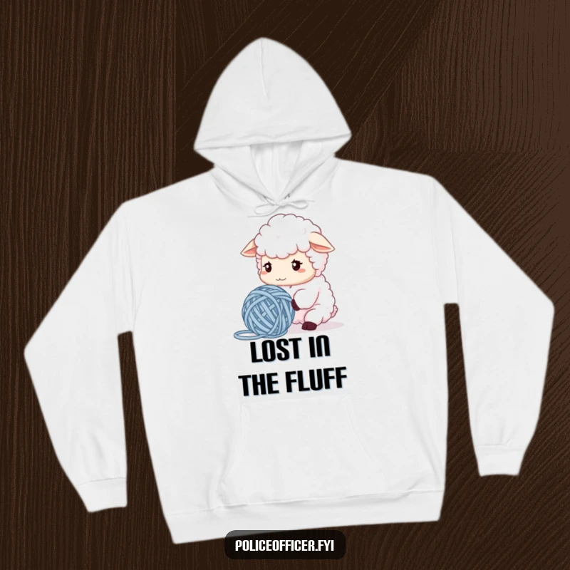 Funny Sheep Hoodie featuring a fluffy sheep contemplating tangled yarn with a furrowed brow, offering cozy comfort and hilarious relatability, a fantastic gift.
