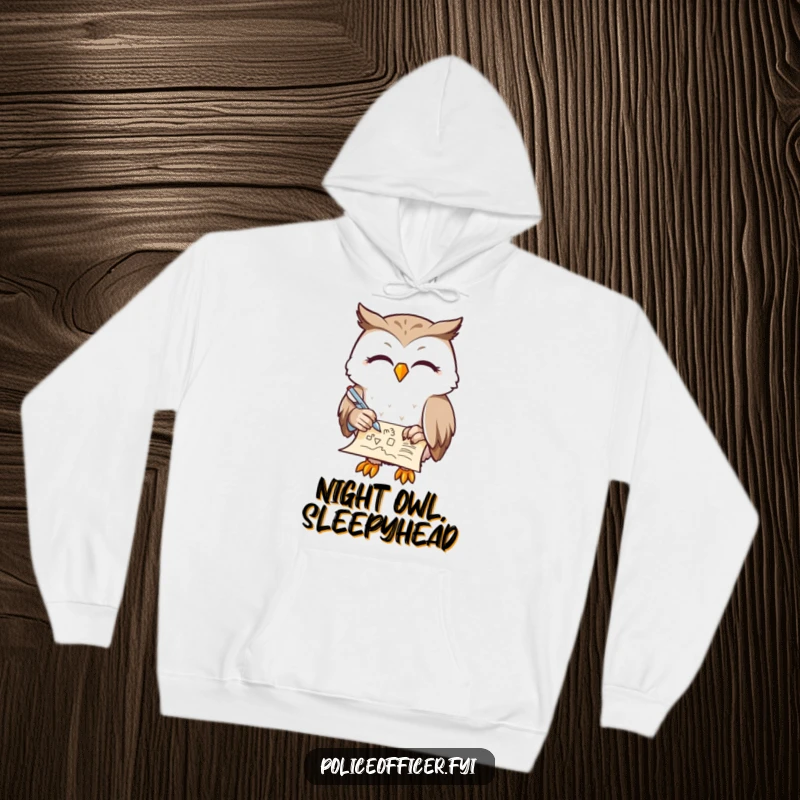 Funny Owl Hoodie featuring a contented owl with half-closed eyes, doodling on a scroll with a feather pen, ensuring cozy creativity, a great funny gift.