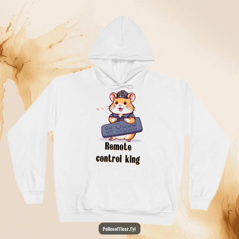 Funny Hoodie: Cheerful hamster in police outfit uses a giant remote, a cozy funny gift.