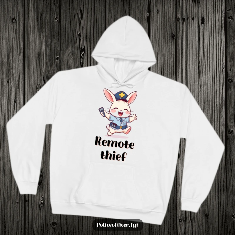 Funny Hoodie: Mischievous bunny in police uniform jumps with joy holding remote, a cozy funny gift.