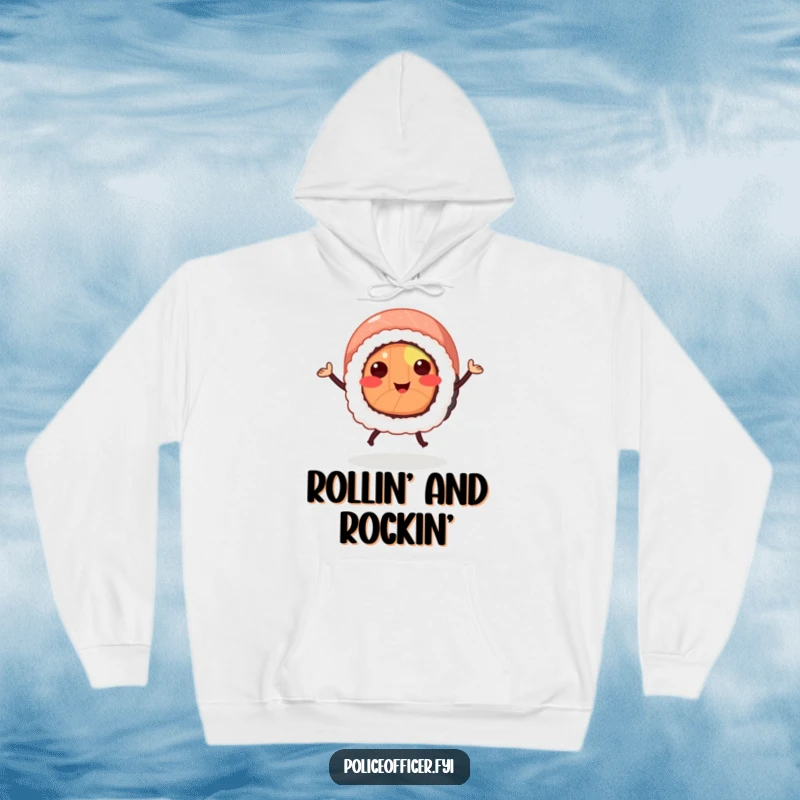Funny sushi roll hoodie featuring a happy sushi with legs dancing a jig, offering warmth and comedic delight.