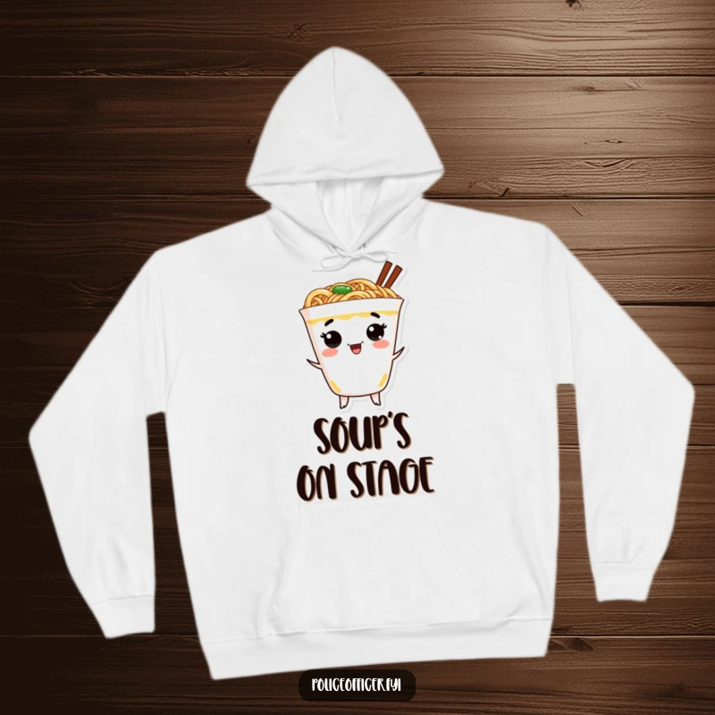 Funny ramen hoodie featuring an excited ramen cup with a face dancing energetically, offering cozy fun.