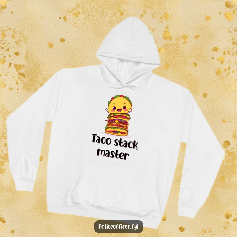 Funny hoodie displays a smiling taco struggling to balance a large stack of tacos, a humorous visual for cafe-goers and foodies.