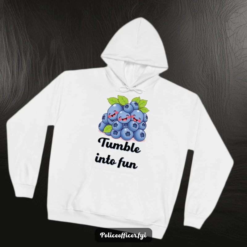 Funny bunch of giggling blueberries tumbling happily on a soft, warm hoodie.
