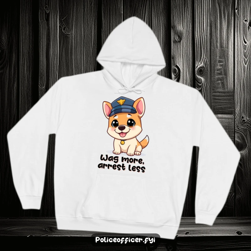 Funny bouncy dog police officer hoodie, tail wagging happily, wearing a police cap, cozy and humorous.