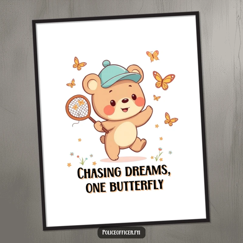 Funny Free Printable Wall Art: A cheerful bear cub wearing a jaunty cap enthusiastically chases butterflies with a net, adding whimsy.