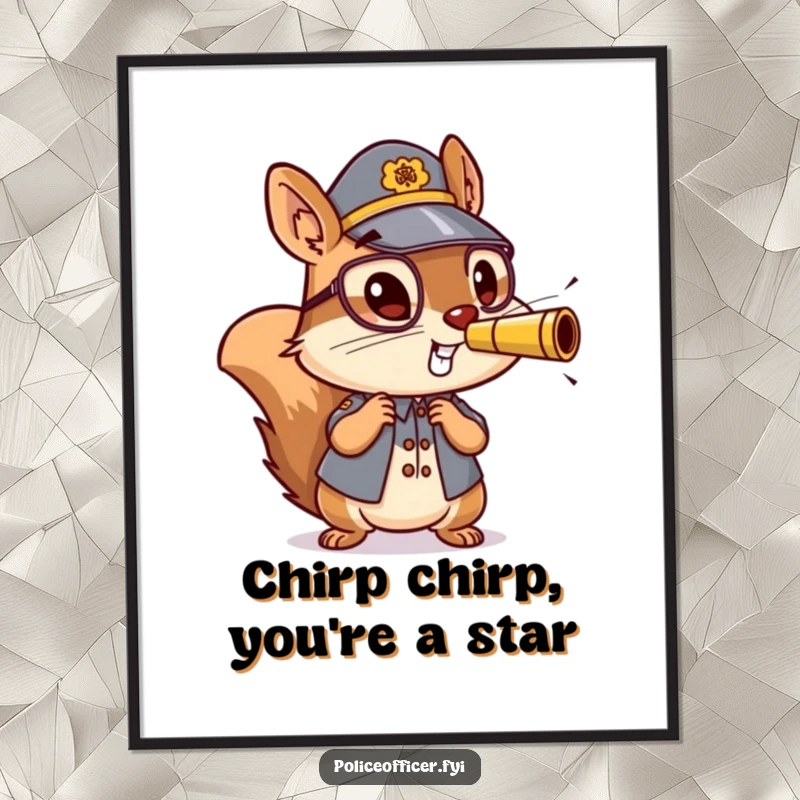 Funny free printable wall art of a small, energetic squirrel officer blowing enthusiastically on a miniature police whistle.