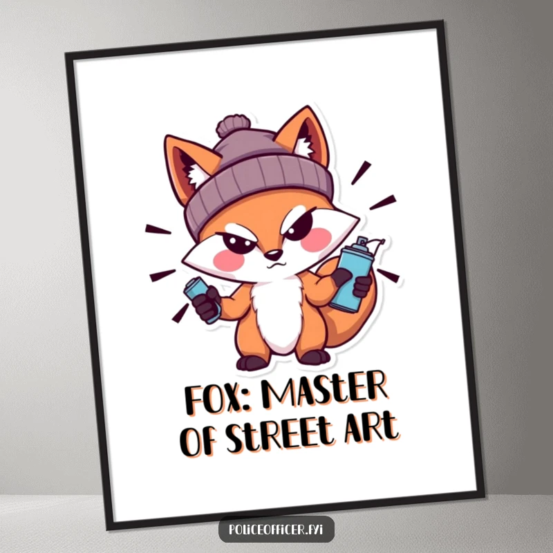 Funny Free Printable Wall Art: A bold fox in a beanie, sneering, holding a spray can, creating vibrant urban art.