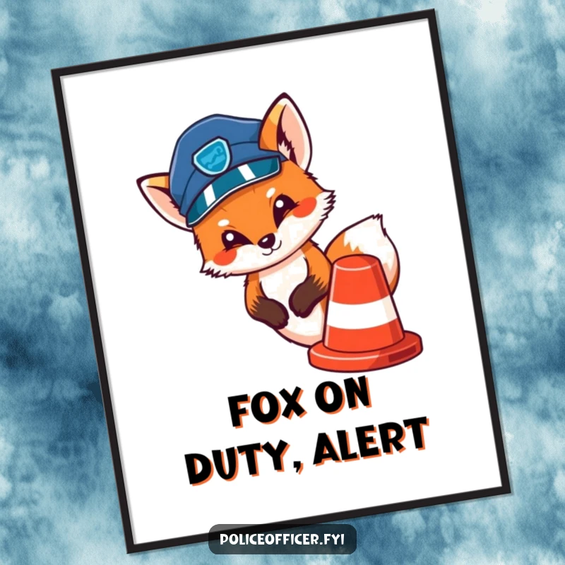 Funny Free Printable Wall Art: A cute fox police officer in a cap peeks from behind a traffic cone, observing with playful curiosity.