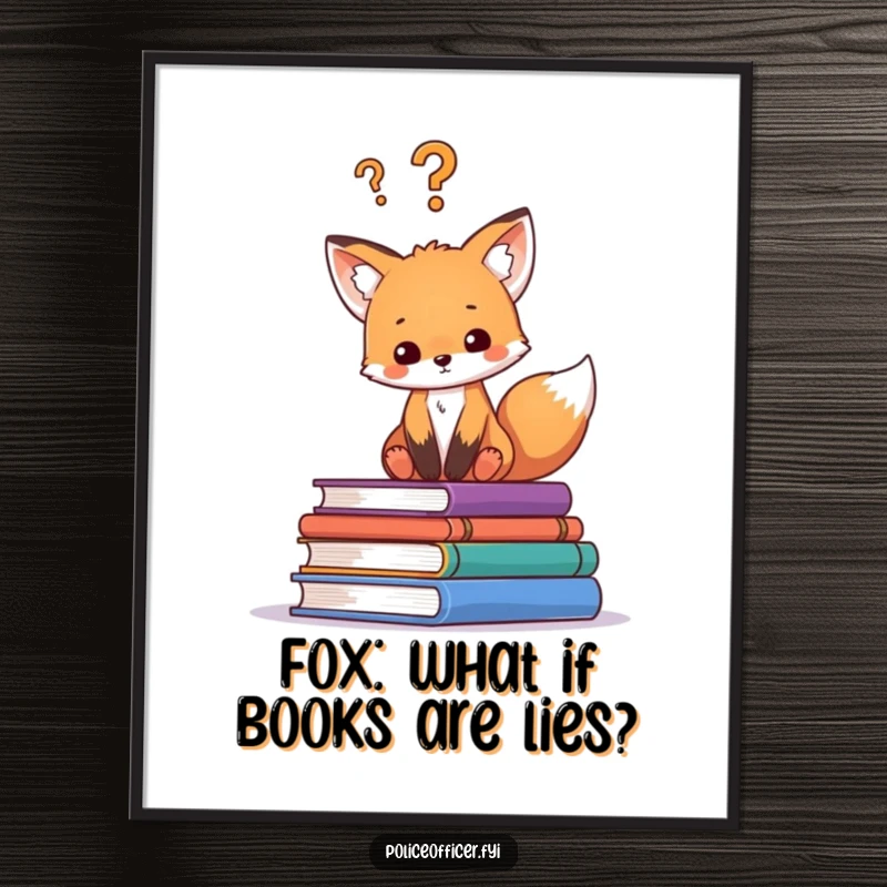 Funny Free Printable Wall Art: Curious fox cub sits on books, question mark above, whimsical decor.