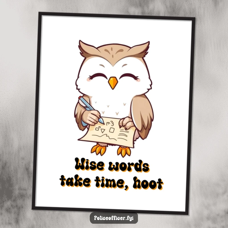 Funny Free Printable Wall Art: A contented owl with half-closed eyes doodles on a scroll, creating a humorous and serene statement piece, great for DIY.