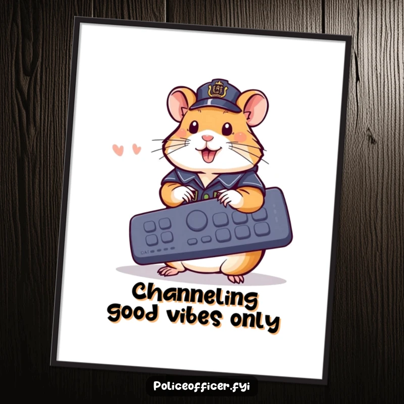 Funny Free Printable Wall Art: A cheerful hamster in a police outfit is engrossed in pressing buttons on a giant remote.