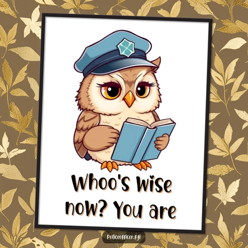 Funny free printable wall art of a wise owl in a police cap reading a book, looking concerned, adding thoughtful humor to decor.