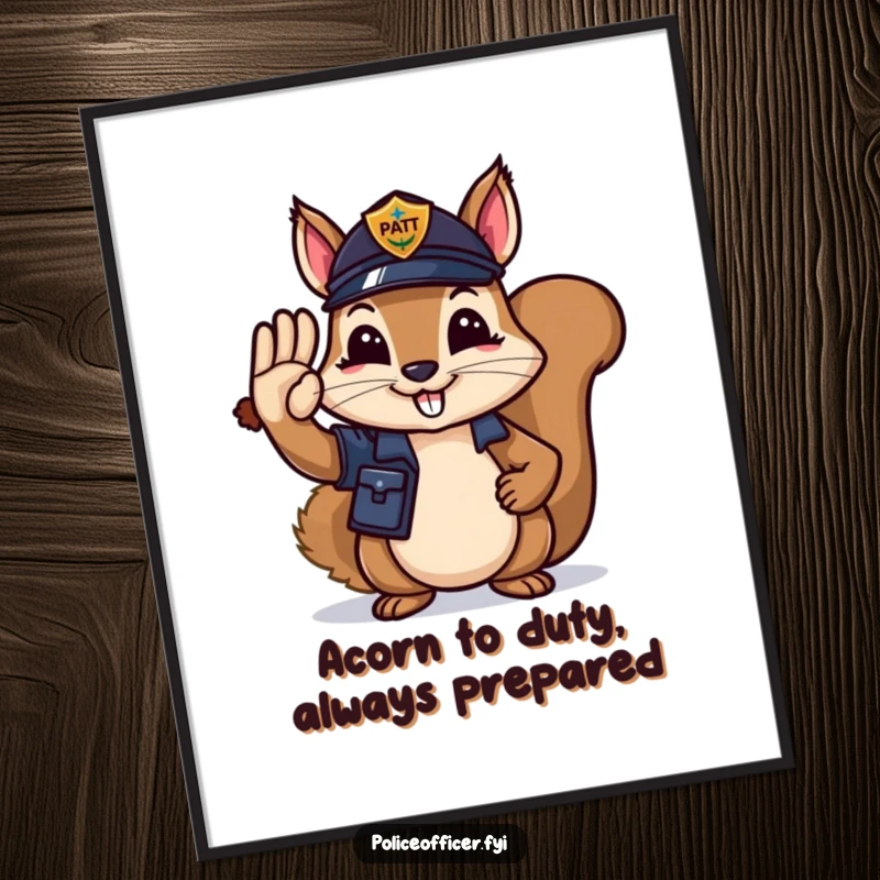 Funny Free Printable Wall Art: A happy squirrel police officer in uniform salutes smartly, holding an acorn.