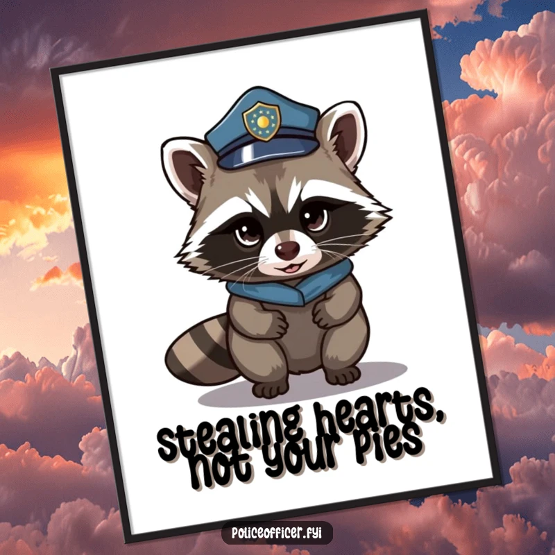 Funny Free Printable Wall Art: A stealthy raccoon wearing a police hat tiptoes with a mischievous glint in its eye, adding quirky decor.