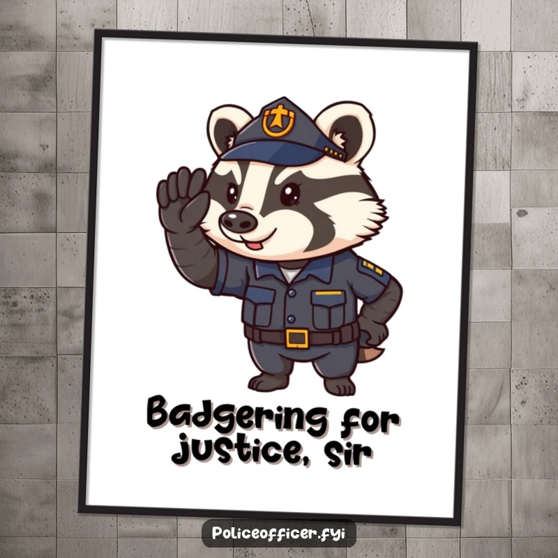 Funny Free Printable Badger Policeman Wall Art: A determined badger officer saluting proudly, bringing a humorous sense of order.