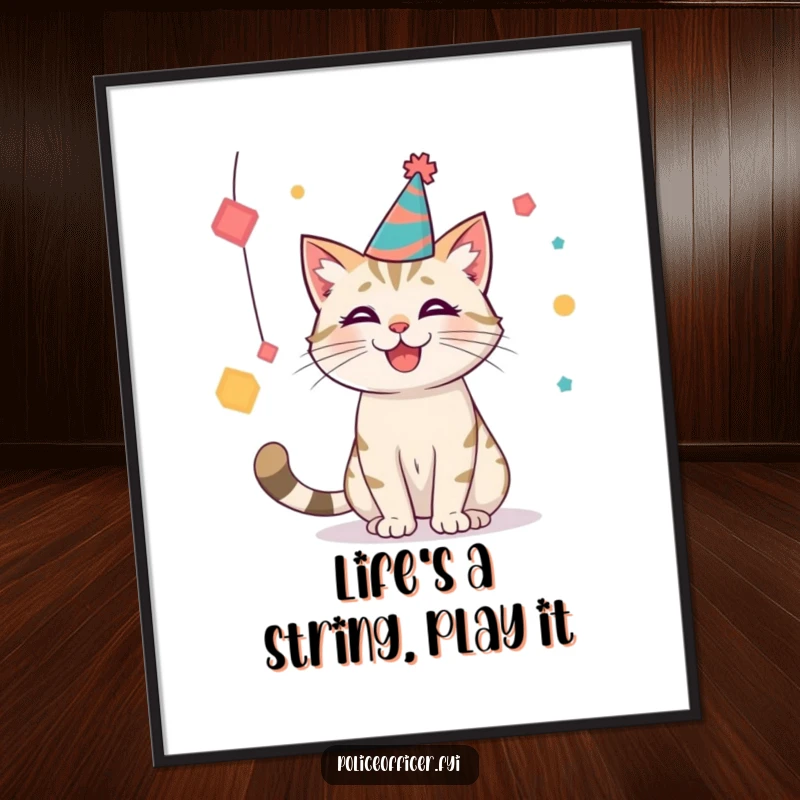 Funny Free Printable Wall Art: Smiling cat wearing a party hat, playfully batting at dangling abstract shapes. Fun vibes.