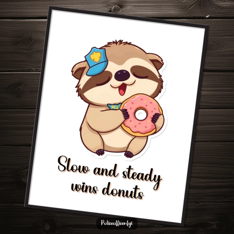 Funny Free Printable Wall Art: Sleepy sloth in police badge yawns, holding a donut, embodying relaxed vibes.