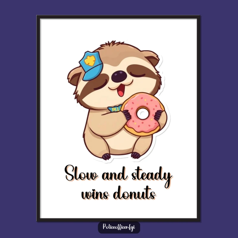 Funny Free Printable Wall Art: Sleepy Sloth Cop With Donut Downloadable Poster