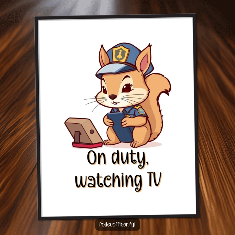 Funny Free Printable wall art of a squirrel in a police costume intently studying a remote control, perfect for downloadable art.
