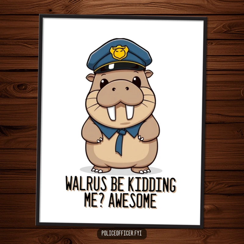 Funny free printable wall art of a wobbly walrus police officer tipping his hat with a joyful, wide smile.
