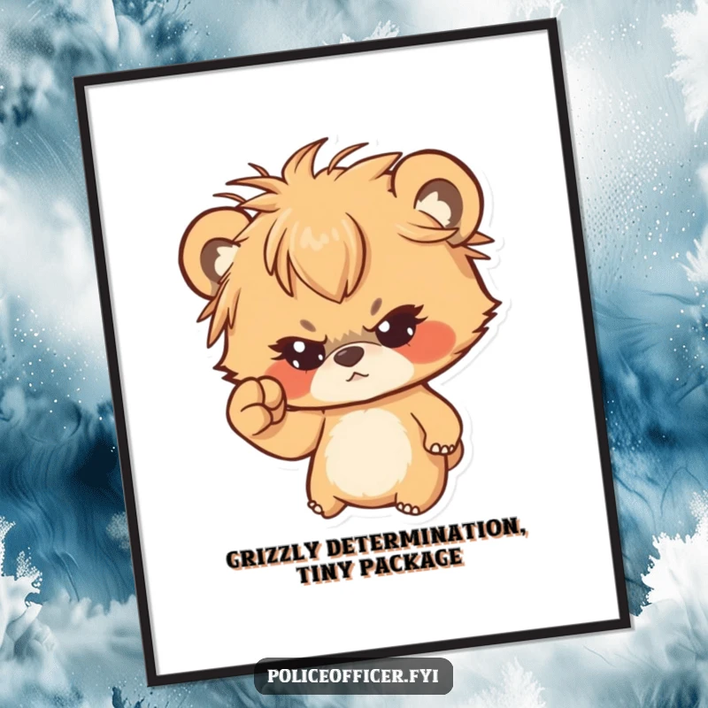 Funny Free Printable Wall Art: Adorable bear cub with messy hair shakes a determined tiny fist, a humorous statement piece.