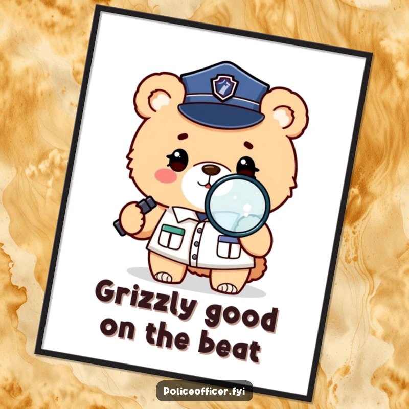 Funny Free Printable Wall Art: A fluffy bear police officer winks while holding a magnifying glass, playfully investigating the scene.