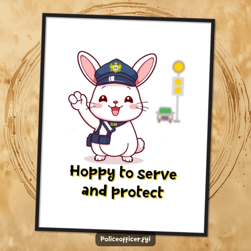 Funny Free Printable Wall Art: Cheerful bunny police officer in a tiny hat directing traffic with a happy wave, bringing smiles.