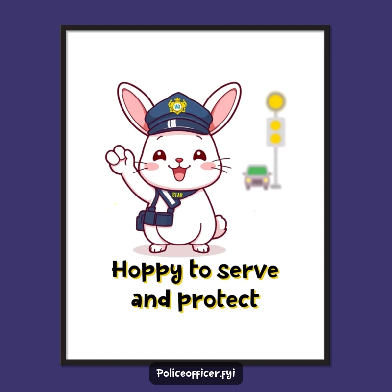Free Printable Wall Art: Cheerful Bunny Cop Directing Laughs, Funny Downloadable Poster for Your Den
