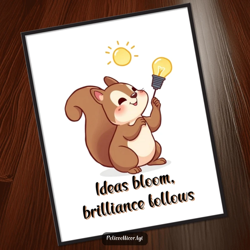 Funny Free Printable Wall Art: Cheerful squirrel intensely observing a glowing lightbulb, symbolizing bright ideas and humor.