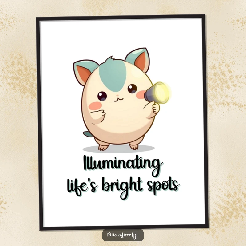 Funny Free Printable Wall Art: A small, round creature with attentive ears points a tiny flashlight into the distance.