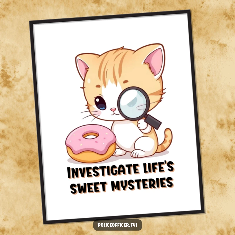 Funny Free Printable Wall Art: A curious kitten examines a smiling donut with a magnifying glass, adding playful, sweet humor.