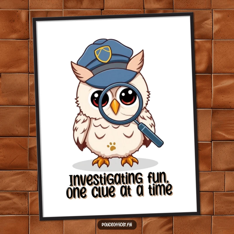 Funny Free Printable Wall Art depicts a wise owl in a police cap, intently using a magnifying glass to inspect a tiny footprint, hilariously.