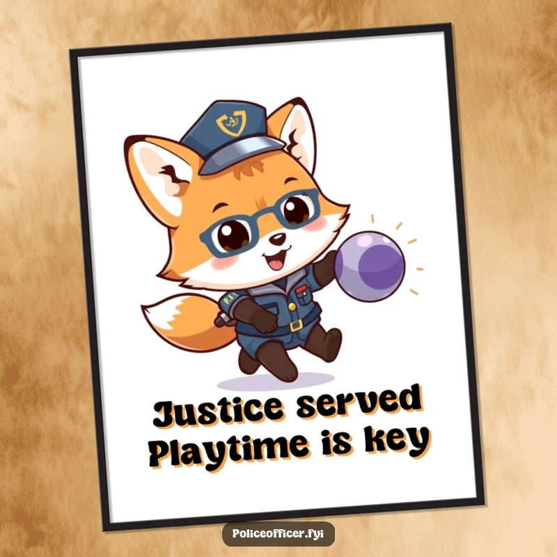Funny Free Printable Wall Art: A playful fox cub in a police uniform chases a bouncing ball, a dynamic downloadable art.