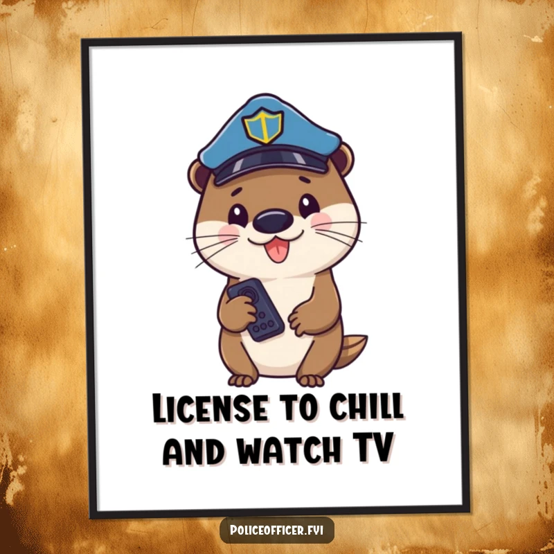Funny Free Printable Wall Art: Cheerful otter wearing a police hat, holding a remote, ready to bring laughter and fun to your decor.