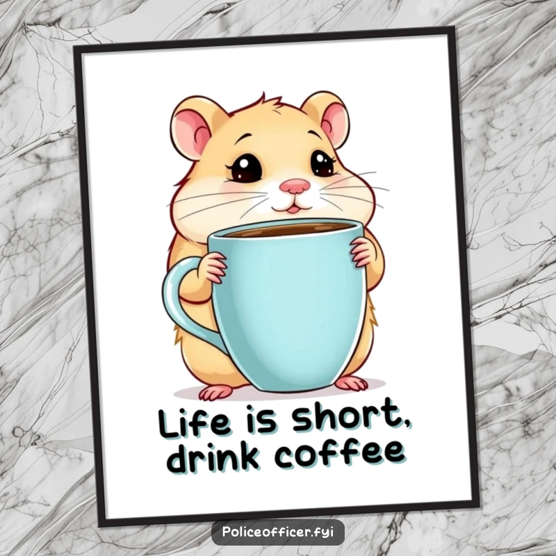 Funny Free Printable Wall Art: A chubby hamster holding a giant coffee cup looking thoughtful creates a humorous and cozy statement piece, great for DIY.