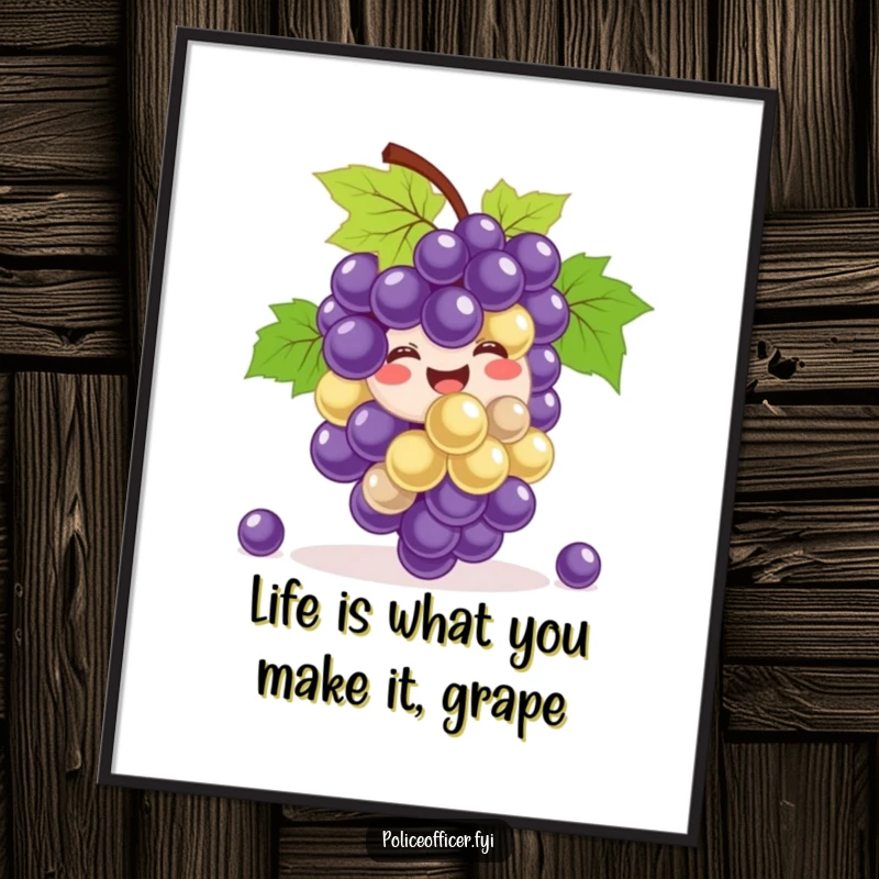 Funny Free Printable Wall Art: A bunch of smiling grapes happily bouncing with pure joy, perfect for a vibrant, playful room.