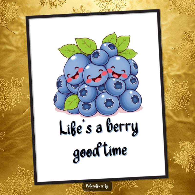 Playful Free Printable Wall Art: A bunch of smiling blueberries comically tumbling and giggling, perfect for a kitchen.