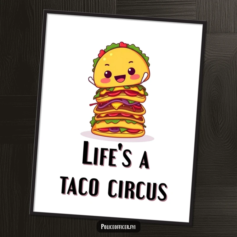 Funny Free Printable Wall Art: A cheerful taco struggling to balance a mountain of delicious tacos, a downloadable piece of art.
