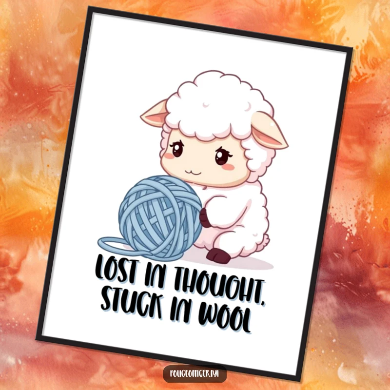 Funny Free Printable Wall Art: An illustration of a fluffy sheep with a dramatically furrowed brow, staring intently at a complexly tangled ball of yarn.