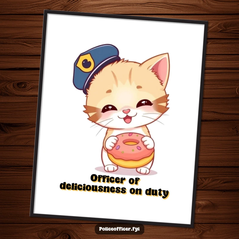 Funny Free Printable Wall Art: A giggling kitten dressed as a police officer is about to toss a tiny, oversized donut, creating playful decor.