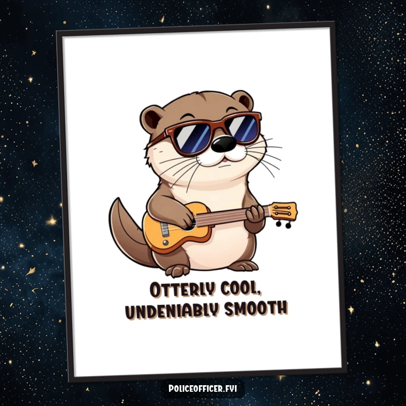 Funny Free Printable Wall Art: A cool otter wearing shades smirks confidently while playing a miniature musical instrument.