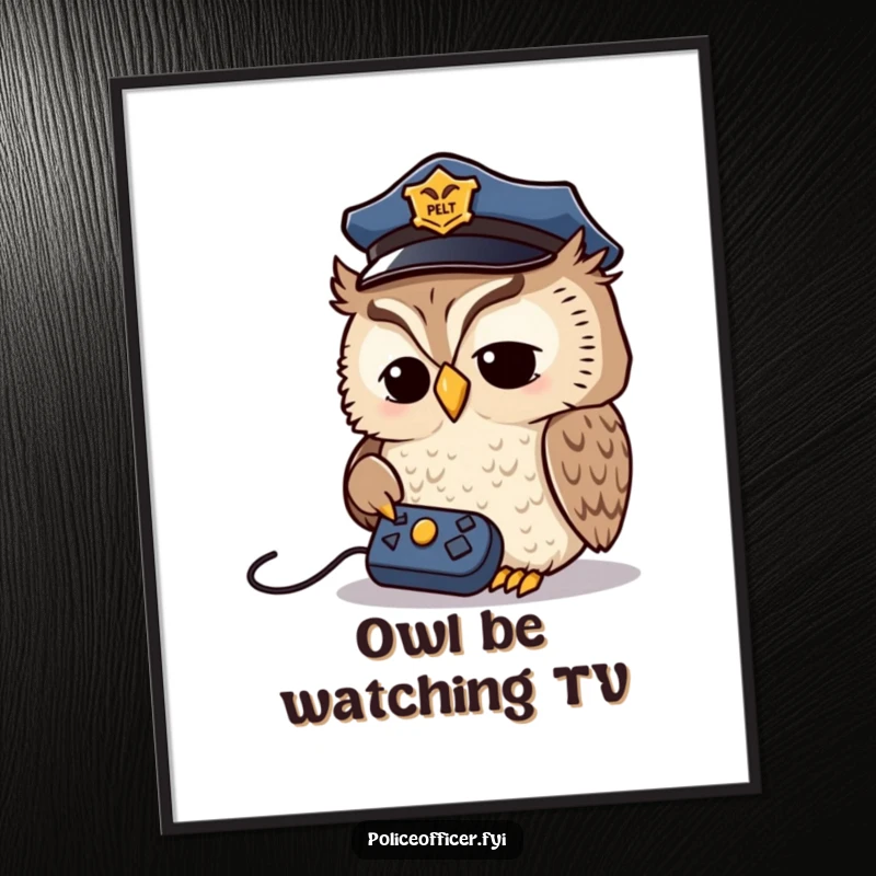 Funny Free Printable Wall Art: A wise owl in a police cap keenly observing a remote control.