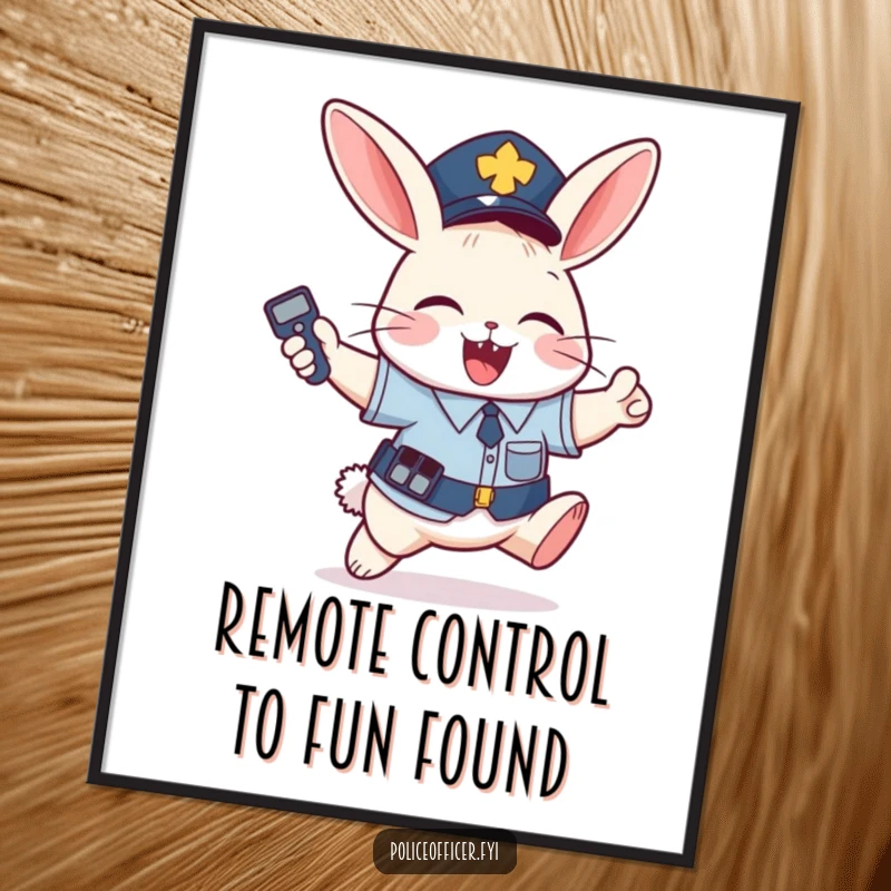 Funny Free Printable Wall Art: A mischievous bunny in a police uniform jumps with joy holding a remote control.