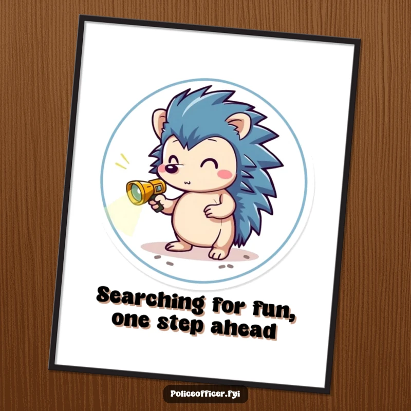 Funny Free Printable Wall Art depicts a brave hedgehog in a badge with a flashlight, humorously scanning for adventure and delightful discoveries.