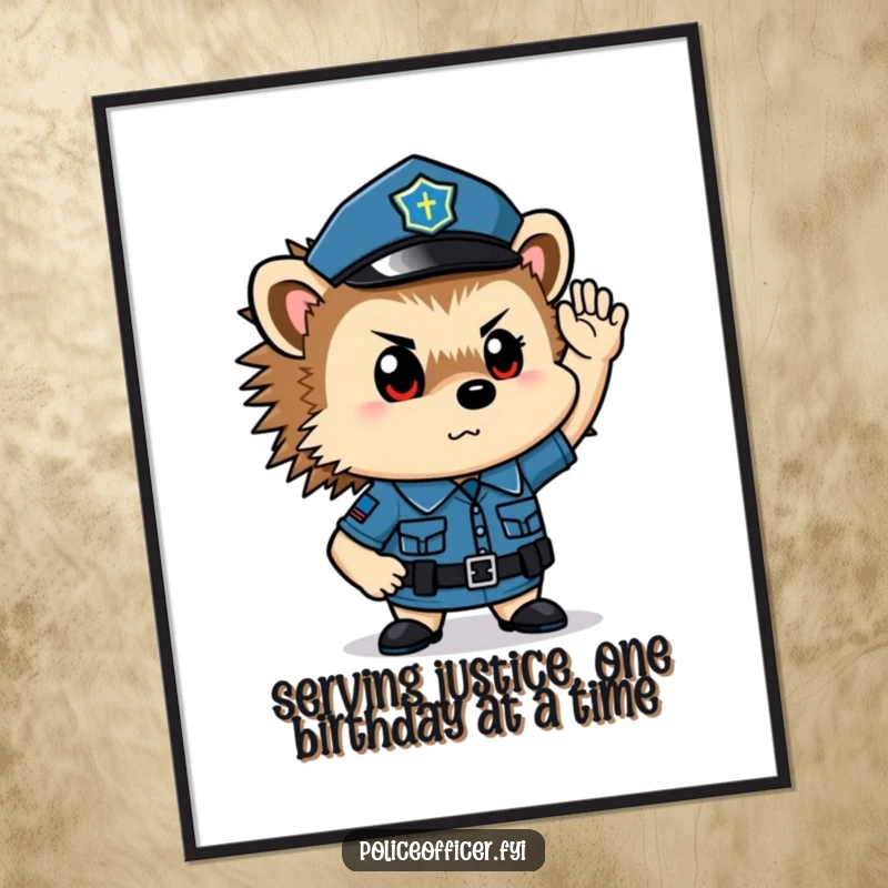 Funny Free Printable Wall Art: A determined tiny hedgehog police officer in uniform, proudly saluting in this humorous illustration.