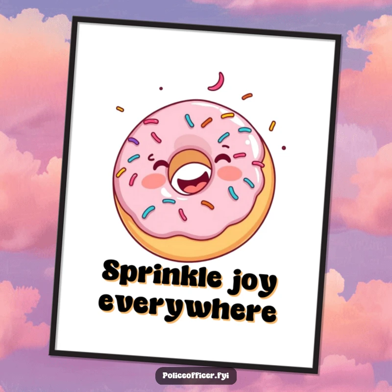 Funny Free Printable Wall Art: A happy donut with a cascade of colorful sprinkles, spinning with pure glee, a downloadable treat.