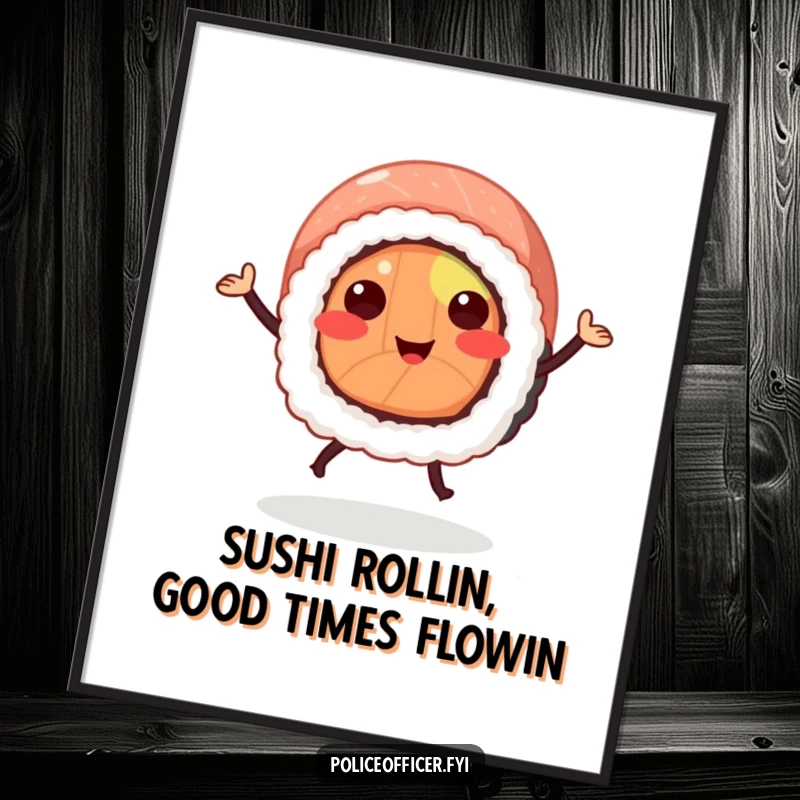 Funny Free Printable Wall Art: A Smiling Sushi Roll Doing a Cheerful Jig