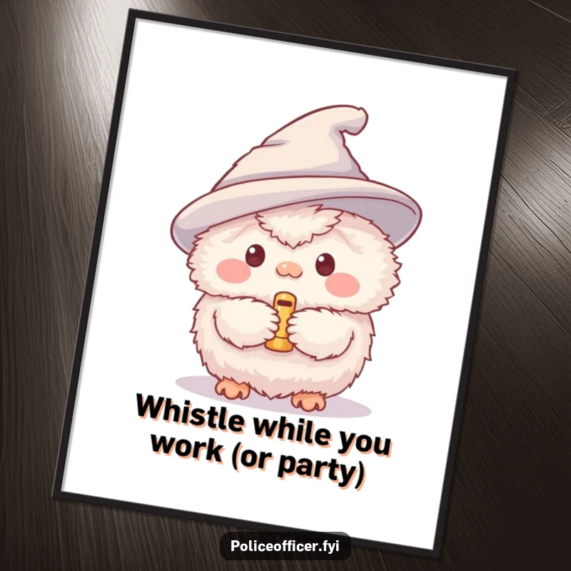 Funny Free Printable Wall Art: A hyperactive fluffy creature wearing a hat enthusiastically blows a tiny whistle.